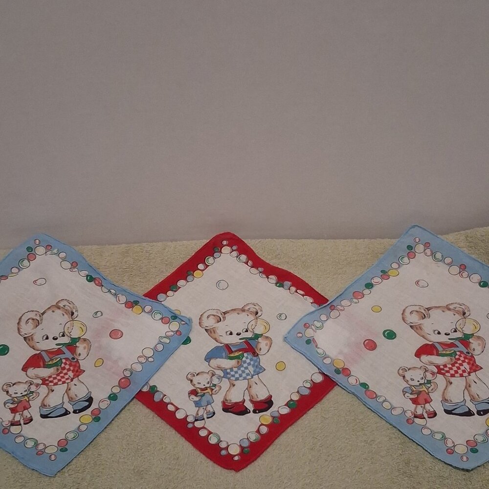 1950s lot of 3 Bears Blowing Bubbles w/Bubble Border Handkerchiefs 1 Red 2 Blue